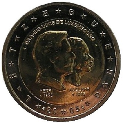 2 euros commémorative 2005 Luxembourg Grands Ducs De Luxembourg, Henri et Adolphe, 50ème anniversaire du Grand-Duc Henri, 5ème anniversaire de son accession au trône et centenaire de la mort du Grand-Duc Adolphe.