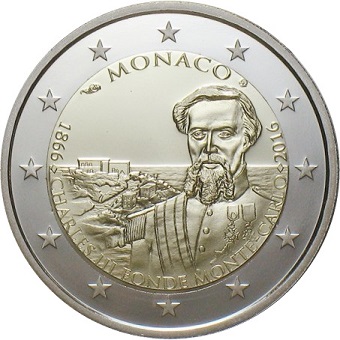 pièce 2 euros commémorative 2016 Monaco Charles III fonde Monte Carlo 150ème anniversaire