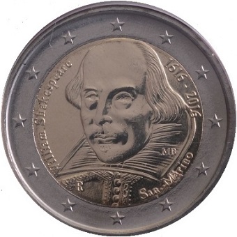 pièce 2 euros commémorative 2016 Saint-Marin william Shakespeare 400e anniversaire de sa mort