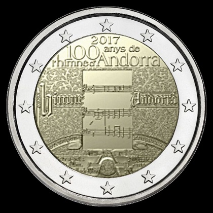 pièce 2 euros 2017 commémorative Andorre le 100e anniversaire de son hymme national