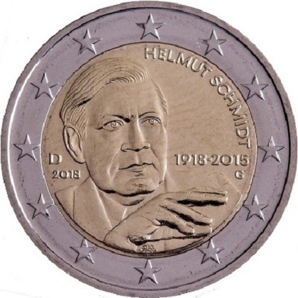 pièce 2 euro 2018 Allemagne pour le centenaire de la naissance d'Helmut Schmidt