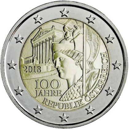 pièce 2 euro Autriche 2018 pour les 100 ans de la république d'Autriche