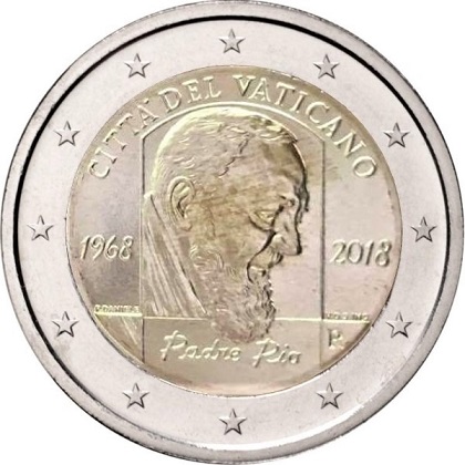 pièce 2 euros 2018 Vatican pour le  50ème anniversaire  de la mort de Padre Pio