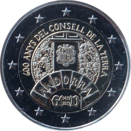 2 € euro commémorative Principauté d'Andorre 2019, les 600 ans del consell de la terra