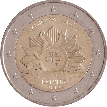 2 euro € commémorative Lettonie 2019 le soleil levant, les armoiries de la Lettonie.