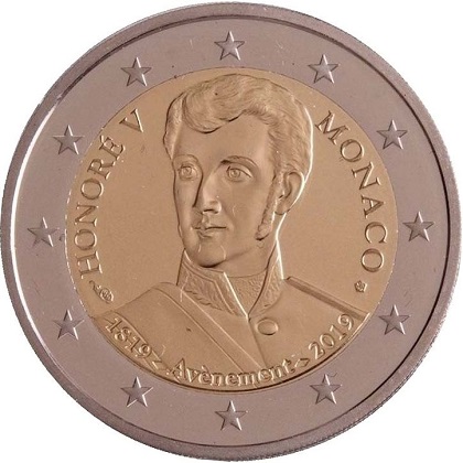2 € commémorative Monaco 2019 les 200 ans de l'arrivée sur le trône du prince Honoré V de Monaco. 1819-2019