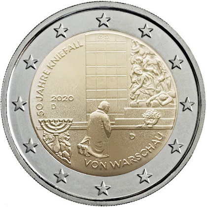 2 € euro commémorative 2020 Allemagne pour le 50ème anniversaire de la génuflexion de Varsovie.