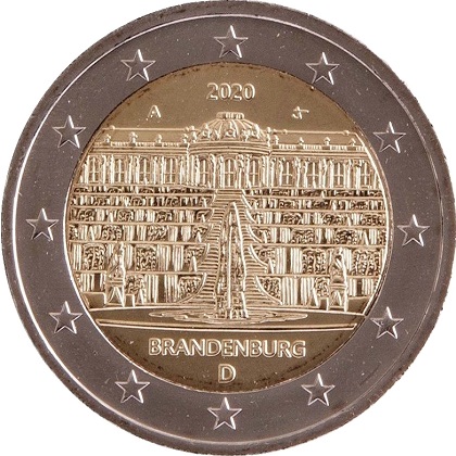 2 € euro commémorative 2020 Allemagne, Brandebourg et le palais de Sanssouci.