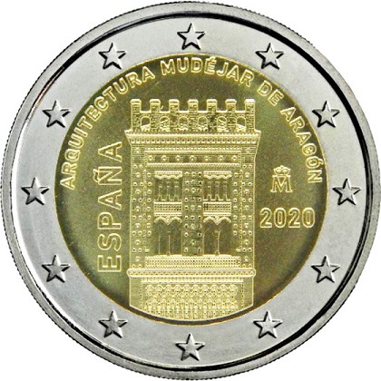 2 € euro commémorative 2020 Espagne, l'architecture mudéjare d'Aragon, avec la tour d'El Salvador de Terual.