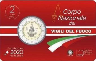 Coincard FDC Italie 2020, 2 € euro BU commémorative 2020 Italie pour rendre hommage au corps national des sapeurs pompiers italiens: Corpo Nazionale dei Vigili del Fuoco