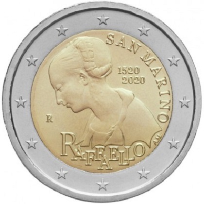 2 € euro commémorative Saint-Marin 2020 pour le 500e anniversaire de la mort de Raphaël, Raffaello Sanzio.