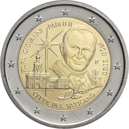 2 € euro commémorative 2020 Vatican pour le centenaire de la naissance de Jean Paul II.