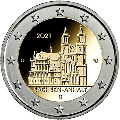 2 € euro commémorative 2021 Allemagne, la cathédrale de Magdebourg, Sachsen-Anhalt.
