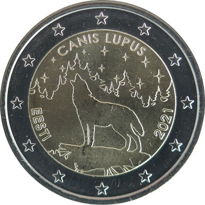 2 € euro commémorative 2021 Estonie pour commémorer le Loup animal national de l'Estonie.