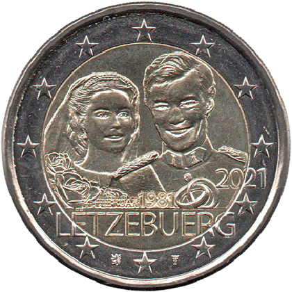 2 € euro commémorative 2021 Luxembourg pour le 40e anniversaire de la naissance du Grand-Duc Guillaume et du mariage du grand-duc Henri et de la grande-duchesse María Teresa relief