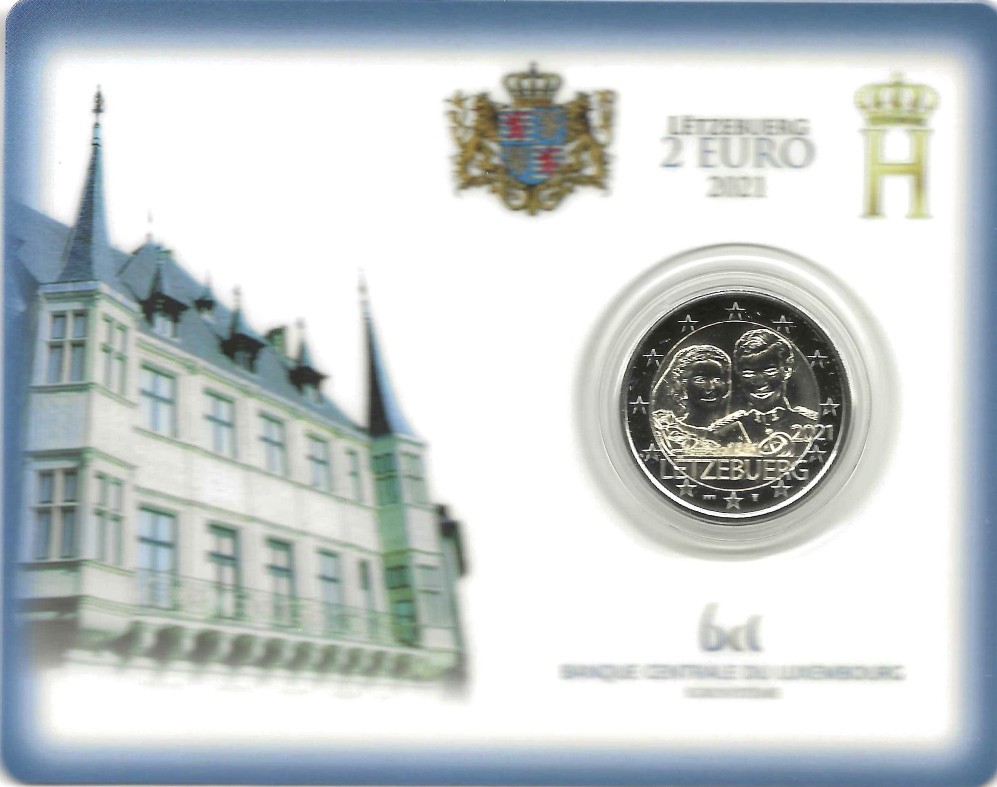 2 € euro commémorative 2021 Luxembourg pour le 40e anniversaire de la naissance du Grand-Duc Guillaume et du mariage du grand-duc Henri et de la grande-duchesse María Teresa