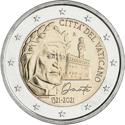 2 € euro commémorative 2021 Vatican pour le 700e anniversaire de la mort de Dante Alighieri.