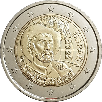 2 € euro commémorative 2022 Espagne le Ve centenaire du premier tour du monde par le navigateur Juan Sebastián de Elcano.