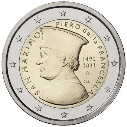 2 € euro commémorative 2022 Saint-Marin pour le 530e anniversaire de la mort de Piero Della Francesca.