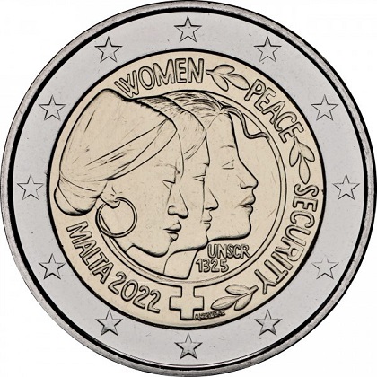 2 € euro commémorative 2022 Malte. Résolution du Conseil de sécurité des Nations Unies sur la paix et la sécurité des femmes.