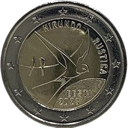 2 € commémorative 2023 Estonie dédiée à l'hirondelle rustique, l'oiseau national
