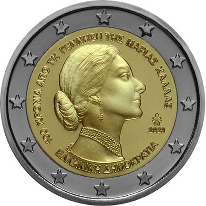 2 € commémorative 2023 Grèce pour le 100ème anniversaire de naissance de Maria Callas.