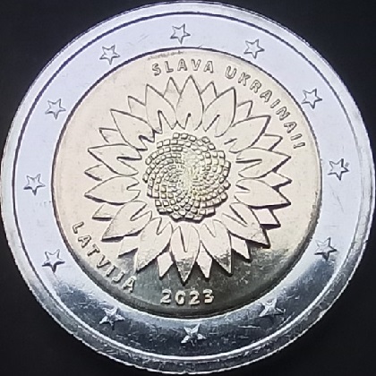 2 € commémorative 2023 Lettonie dédiée à l'Ukraine, avec comme thème les Tournesols Ukrainiens.