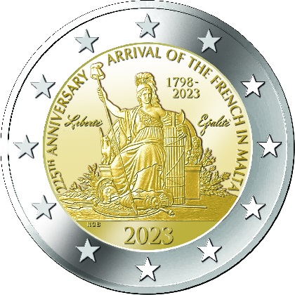 2 € euro commémorative 2023 Malte pour commémorer Napoléon Bonaparte et le 225e anniverversaire de l'arrivée des français à Malte
