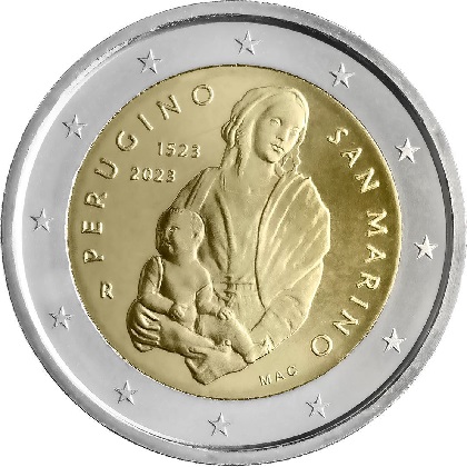 2 € commémorative 2023 Saint-Marin Perugino, pour le 500e anniversaire de la mort de Pietro di Cristoforo Vannucci, dit le Pérugin.