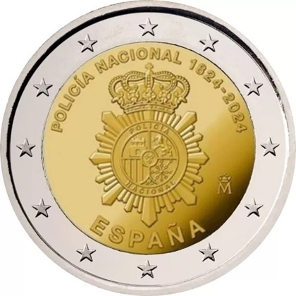 2 € commémorative 2024 Espagne pour célébrer le 200e anniversaire de la police nationale.