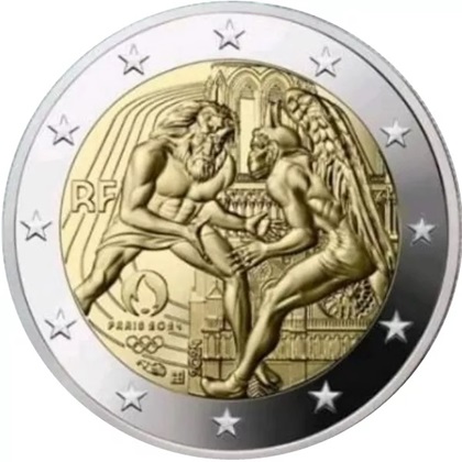 2 € commémorative 2024 France consacrée à Hercule et la Lutte, pour les Jeux olympiques d'été Paris 2024
