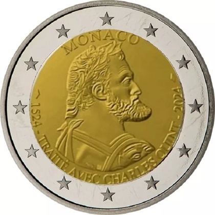 2 € euro commémorative Monaco 2024 pour le 500e anniversaire de la Principauté de Monaco et du Traité avec Charles Quint.
