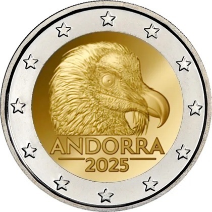2 euro commémorative 2025 Principauté d'Andorre dédiée au Gypaète barbu (Gypaetus barbatus)