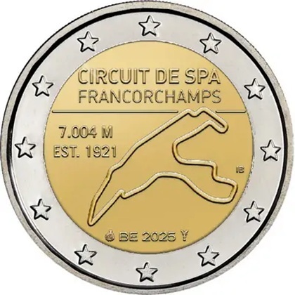 2 euro commémorative 2025 Belgique consacrée au circuit de Spa-Francorchamps.