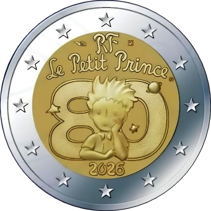 2 euro commémorative 2026 France dédiée au 80e anniversaire de la publication du Petit Prince. Antoine de Saint-Exupéry