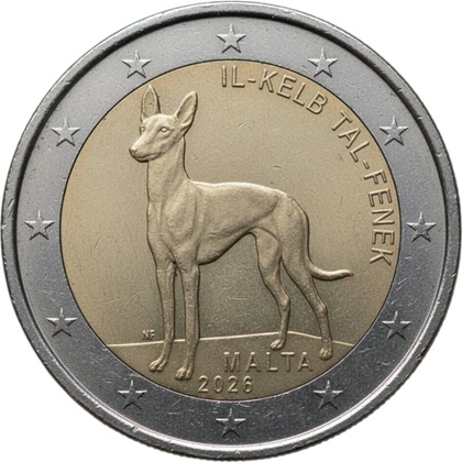 2 euro commémorative 2026 Malte le chien du pharaon ou lévrier du pharaon