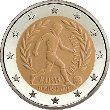 2 euro commémorative 2026 Slovaquie pour le 50e anniversaire de la victoire de l'équipe tchécoslovaque de football au Championnat d'Europe 1976.